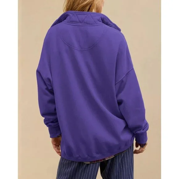 Women Purple Oversized Casual Long Sleeve Button Henley Neck Pullover Sweatshirt - Picture 4 of 5
